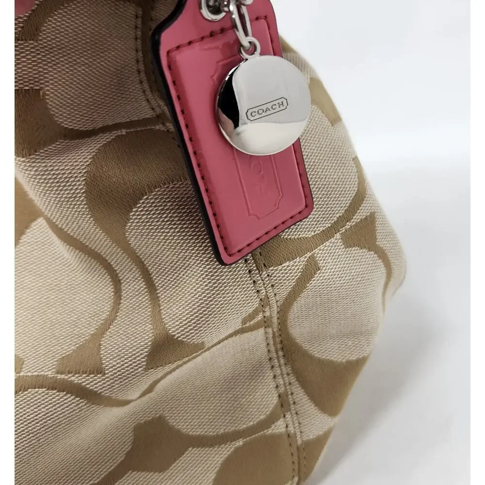 Vtg Y2K Coach Signature Stripe Hobo Shoulder Bag F19281 Khaki/Berry Pink